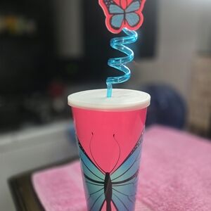 Butterfly Design Party Cup with Straw - Pink and Blue